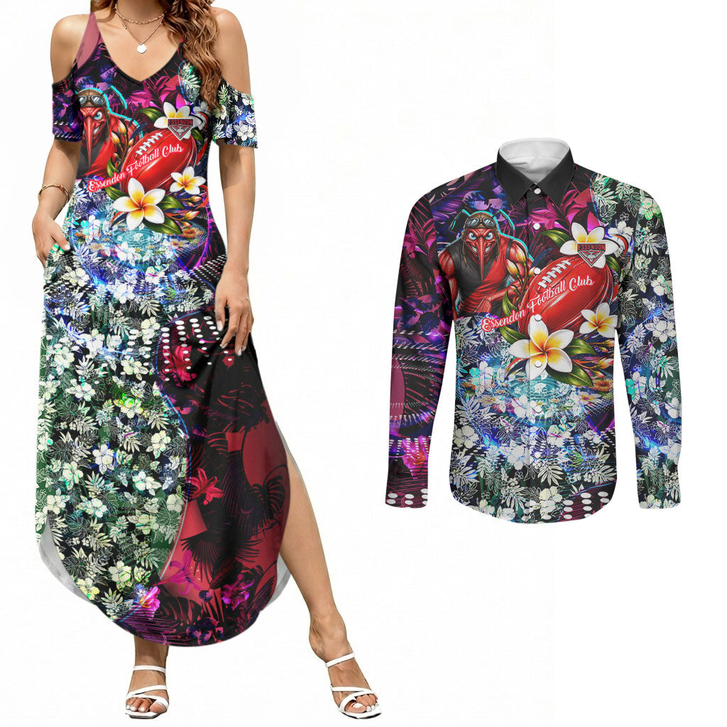Personalized Essendon Football Bombers Couples Matching Summer Maxi Dress and Long Sleeve Button Shirt Tropical Hibiscus Flowers - Pacific Fusion Style