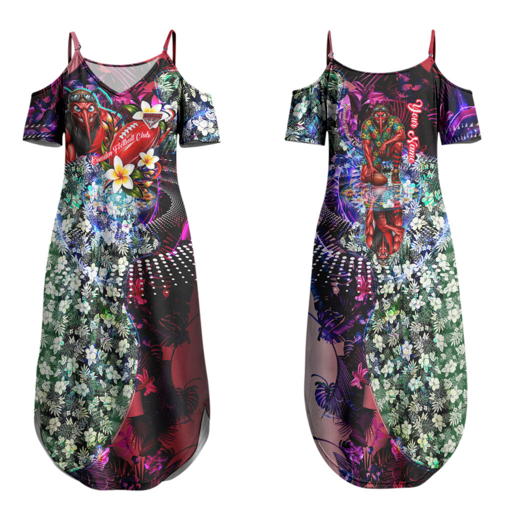 Personalized Essendon Football Bombers Couples Matching Summer Maxi Dress and Long Sleeve Button Shirt Tropical Hibiscus Flowers - Pacific Fusion Style