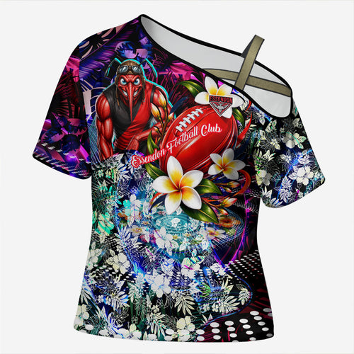 Personalized Essendon Football Bombers Cross Shoulder Shirt Tropical Hibiscus Flowers - Pacific Fusion Style