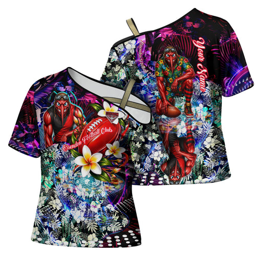 Personalized Essendon Football Bombers Cross Shoulder Shirt Tropical Hibiscus Flowers - Pacific Fusion Style