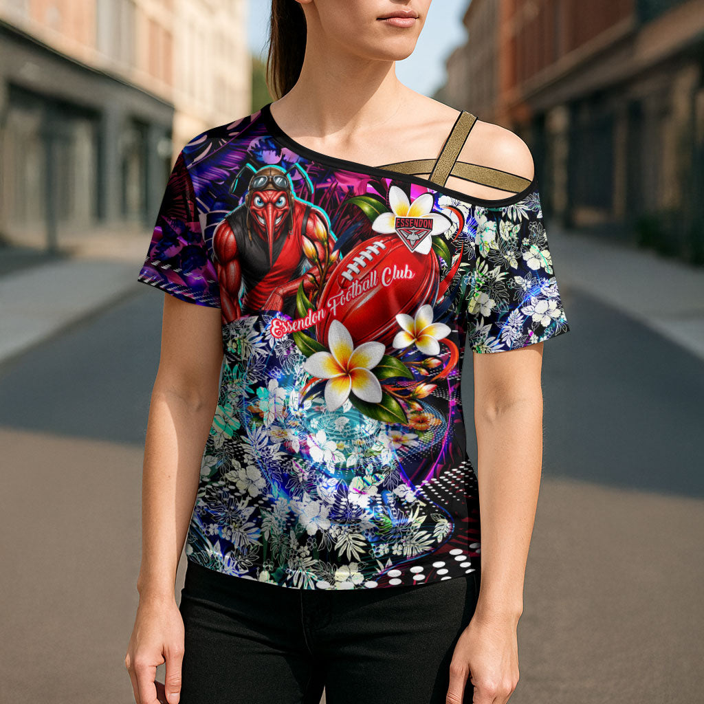 Personalized Essendon Football Bombers Cross Shoulder Shirt Tropical Hibiscus Flowers - Pacific Fusion Style