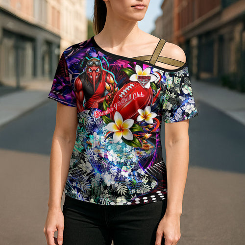 Personalized Essendon Football Bombers Cross Shoulder Shirt Tropical Hibiscus Flowers - Pacific Fusion Style