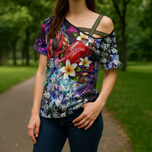 Personalized Essendon Football Bombers Cross Shoulder Shirt Tropical Hibiscus Flowers - Pacific Fusion Style