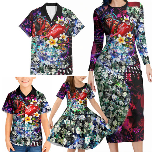 Personalized Essendon Football Bombers Family Matching Long Sleeve Bodycon Dress and Hawaiian Shirt Tropical Hibiscus Flowers - Pacific Fusion Style
