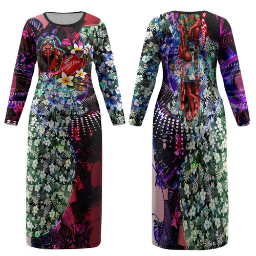 Personalized Essendon Football Bombers Family Matching Long Sleeve Bodycon Dress and Hawaiian Shirt Tropical Hibiscus Flowers - Pacific Fusion Style