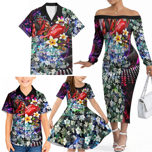 Personalized Essendon Football Bombers Family Matching Off The Shoulder Long Sleeve Dress and Hawaiian Shirt Tropical Hibiscus Flowers - Pacific Fusion Style