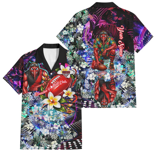 Personalized Essendon Football Bombers Family Matching Off Shoulder Maxi Dress and Hawaiian Shirt Tropical Hibiscus Flowers - Pacific Fusion Style