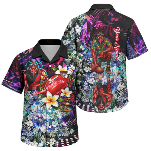 Personalized Essendon Football Bombers Family Matching Off Shoulder Maxi Dress and Hawaiian Shirt Tropical Hibiscus Flowers - Pacific Fusion Style