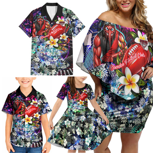 Personalized Essendon Football Bombers Family Matching Off Shoulder Short Dress and Hawaiian Shirt Tropical Hibiscus Flowers - Pacific Fusion Style