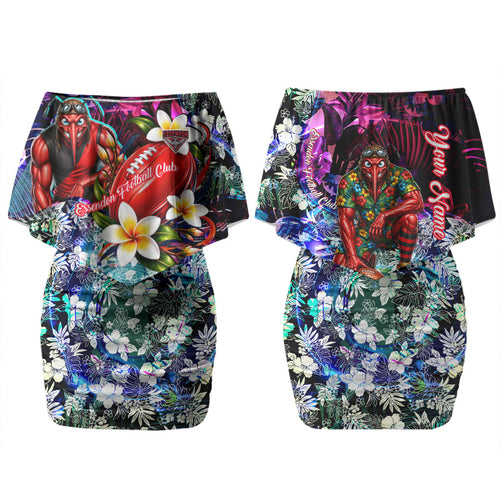 Personalized Essendon Football Bombers Family Matching Off Shoulder Short Dress and Hawaiian Shirt Tropical Hibiscus Flowers - Pacific Fusion Style