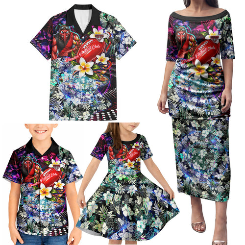Personalized Essendon Football Bombers Family Matching Puletasi and Hawaiian Shirt Tropical Hibiscus Flowers - Pacific Fusion Style