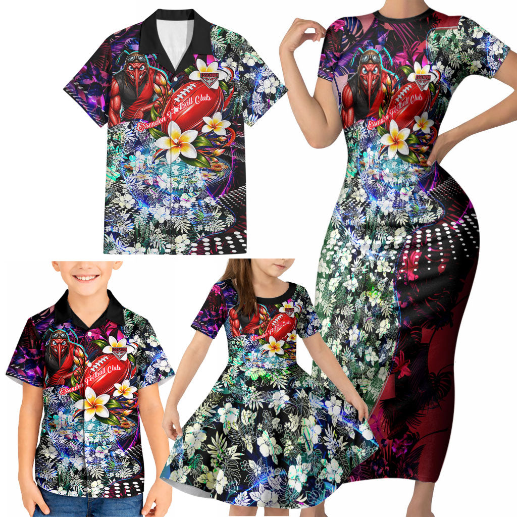 Personalized Essendon Football Bombers Family Matching Short Sleeve Bodycon Dress and Hawaiian Shirt Tropical Hibiscus Flowers - Pacific Fusion Style