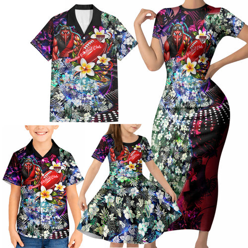 Personalized Essendon Football Bombers Family Matching Short Sleeve Bodycon Dress and Hawaiian Shirt Tropical Hibiscus Flowers - Pacific Fusion Style