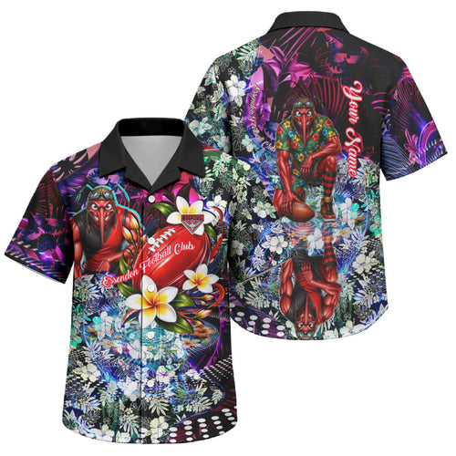 Personalized Essendon Football Bombers Family Matching Short Sleeve Bodycon Dress and Hawaiian Shirt Tropical Hibiscus Flowers - Pacific Fusion Style