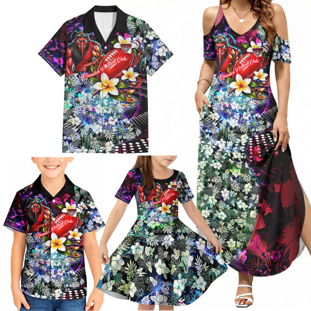 Personalized Essendon Football Bombers Family Matching Summer Maxi Dress and Hawaiian Shirt Tropical Hibiscus Flowers - Pacific Fusion Style