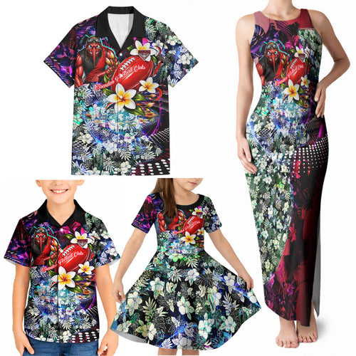 Personalized Essendon Football Bombers Family Matching Tank Maxi Dress and Hawaiian Shirt Tropical Hibiscus Flowers - Pacific Fusion Style