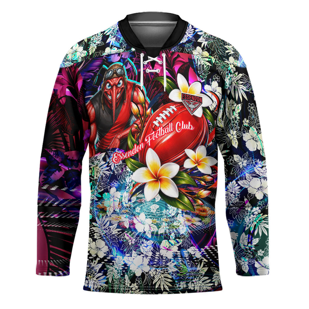 Personalized Essendon Football Bombers Hockey Jersey Tropical Hibiscus Flowers - Pacific Fusion Style