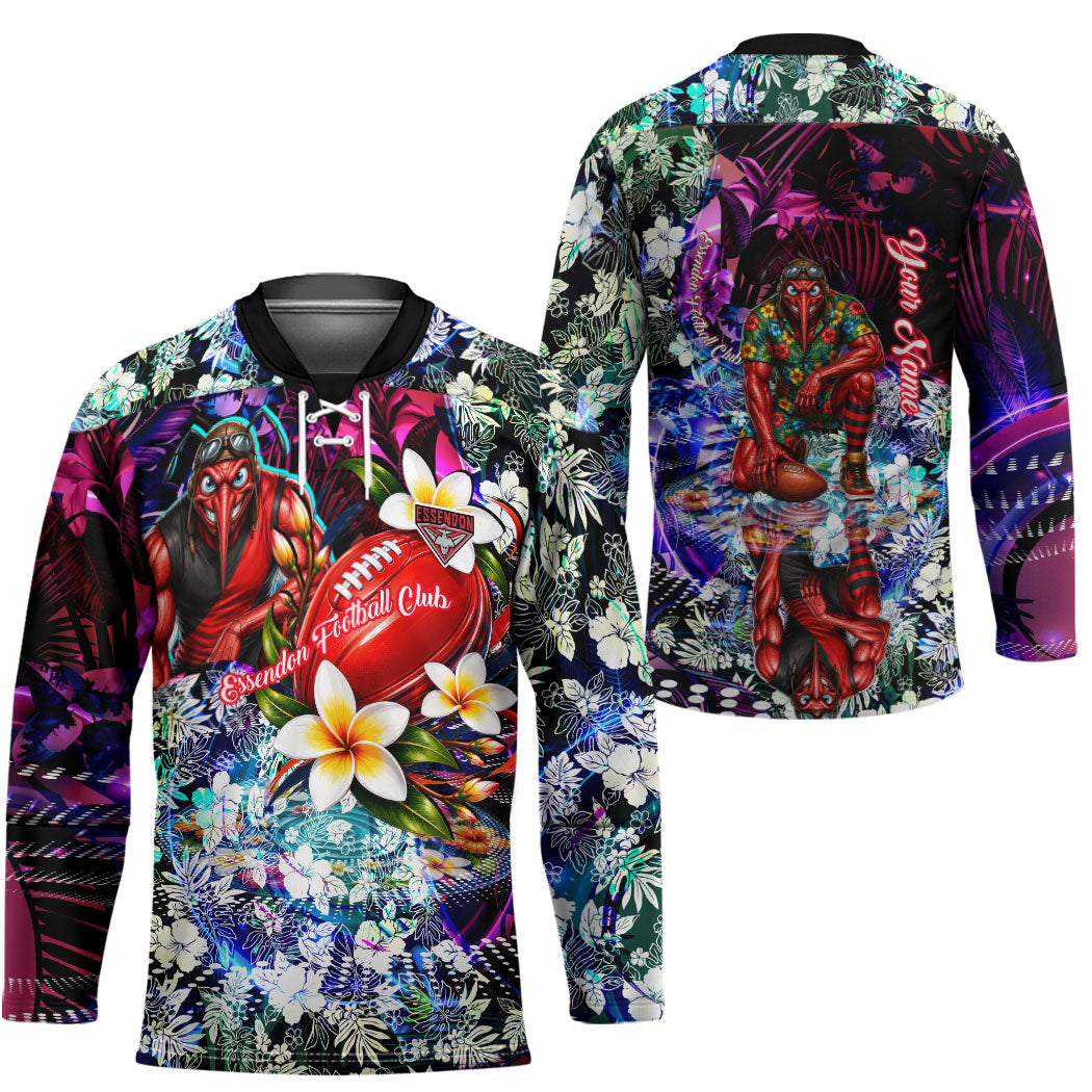 Personalized Essendon Football Bombers Hockey Jersey Tropical Hibiscus Flowers - Pacific Fusion Style