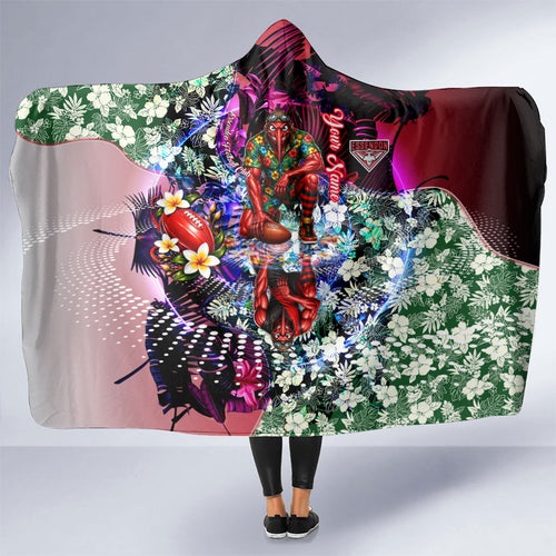Personalized Essendon Football Bombers Hooded Blanket Tropical Hibiscus Flowers - Pacific Fusion Style