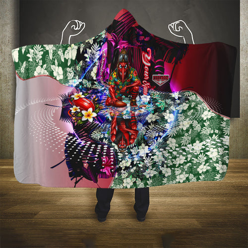Personalized Essendon Football Bombers Hooded Blanket Tropical Hibiscus Flowers - Pacific Fusion Style