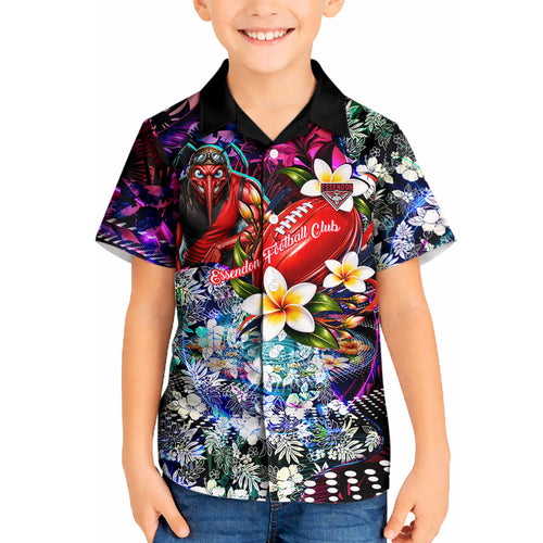 Personalized Essendon Football Bombers Kid Hawaiian Shirt Tropical Hibiscus Flowers - Pacific Fusion Style
