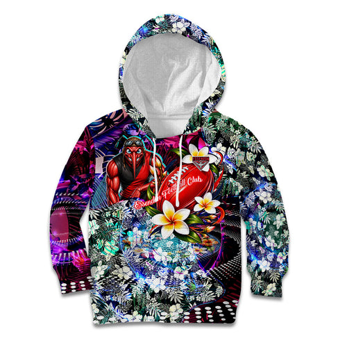 Personalized Essendon Football Bombers Kid Hoodie Tropical Hibiscus Flowers - Pacific Fusion Style