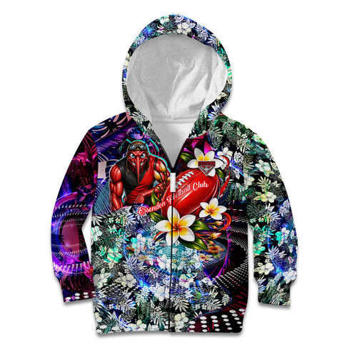 Personalized Essendon Football Bombers Kid Hoodie Tropical Hibiscus Flowers - Pacific Fusion Style