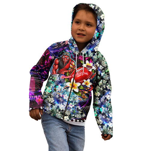 Personalized Essendon Football Bombers Kid Hoodie Tropical Hibiscus Flowers - Pacific Fusion Style