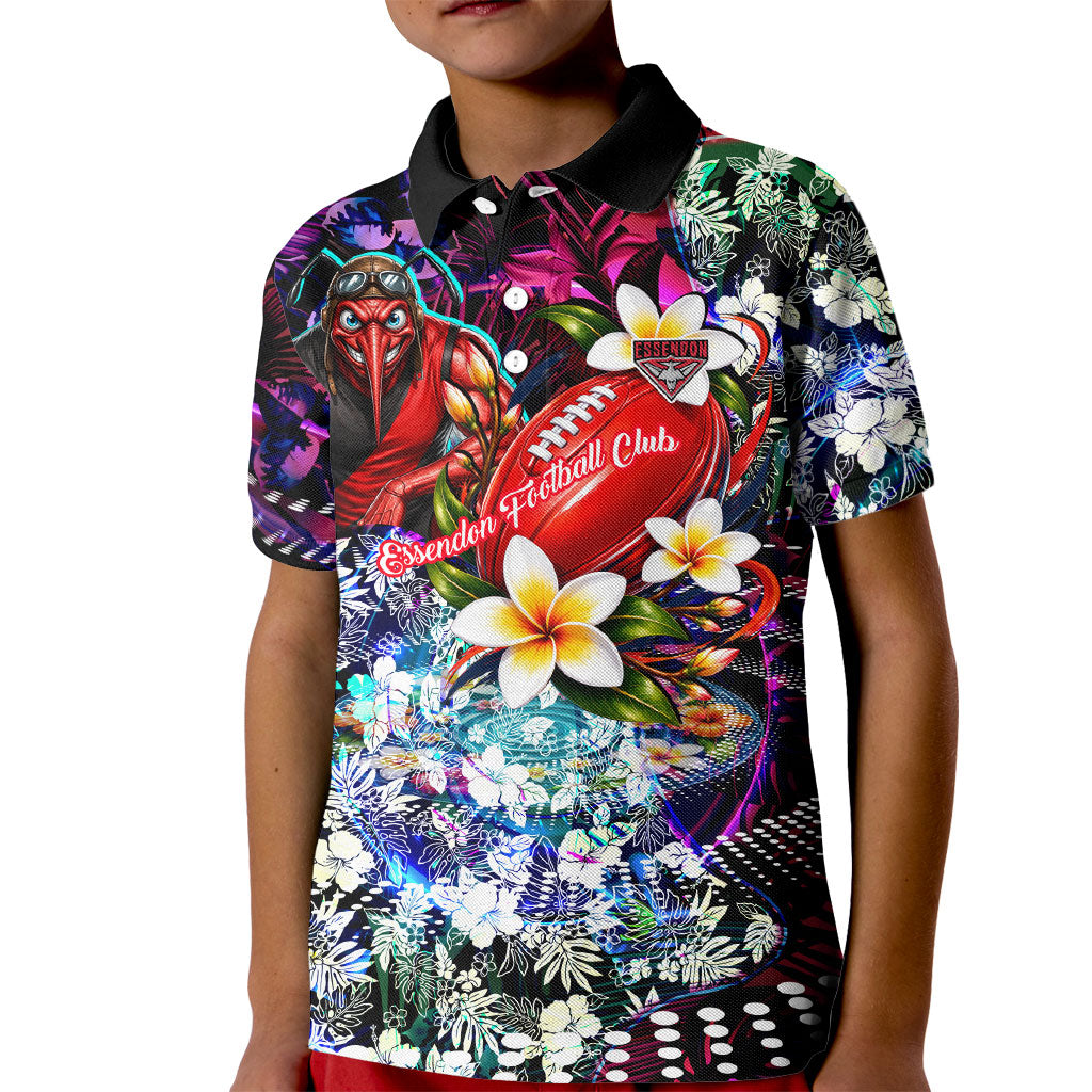 Personalized Essendon Football Bombers Kid Polo Shirt Tropical Hibiscus Flowers - Pacific Fusion Style