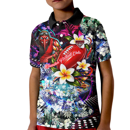 Personalized Essendon Football Bombers Kid Polo Shirt Tropical Hibiscus Flowers - Pacific Fusion Style