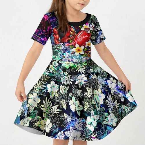 Personalized Essendon Football Bombers Kid Short Sleeve Dress Tropical Hibiscus Flowers - Pacific Fusion Style