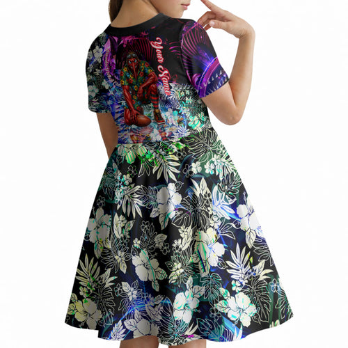 Personalized Essendon Football Bombers Kid Short Sleeve Dress Tropical Hibiscus Flowers - Pacific Fusion Style