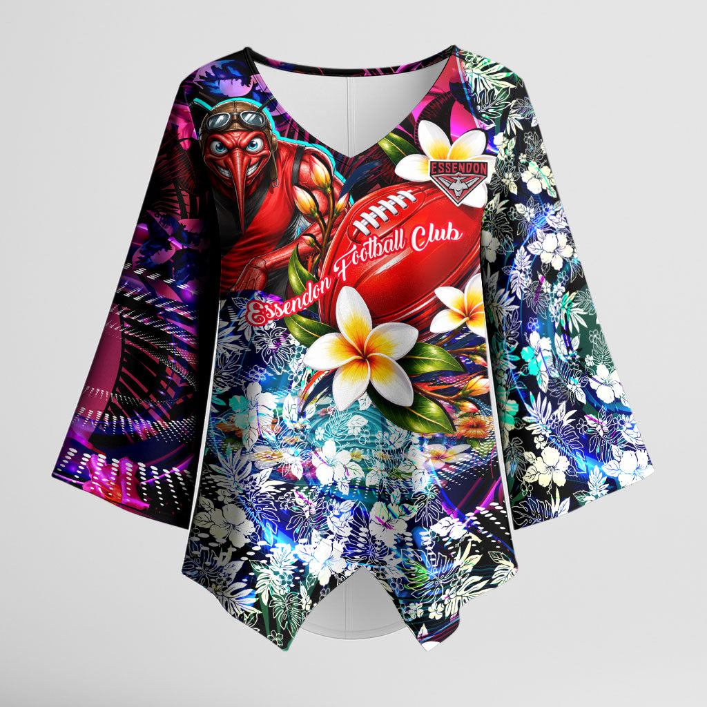Personalized Essendon Football Bombers Kimono Sleeve Blouse Tropical Hibiscus Flowers - Pacific Fusion Style