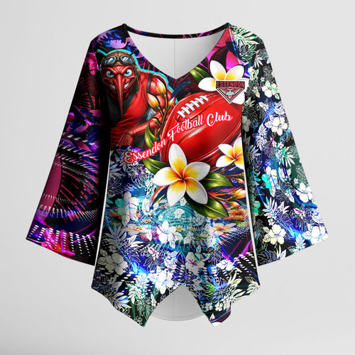 Personalized Essendon Football Bombers Kimono Sleeve Blouse Tropical Hibiscus Flowers - Pacific Fusion Style