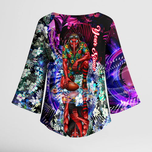 Personalized Essendon Football Bombers Kimono Sleeve Blouse Tropical Hibiscus Flowers - Pacific Fusion Style