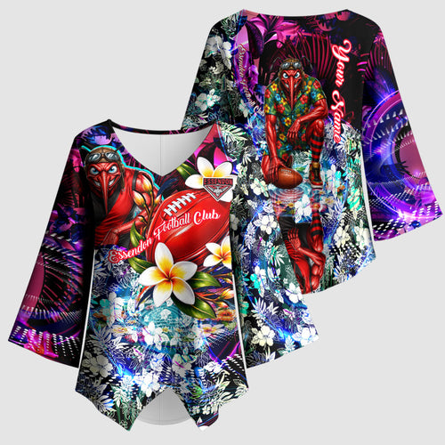 Personalized Essendon Football Bombers Kimono Sleeve Blouse Tropical Hibiscus Flowers - Pacific Fusion Style