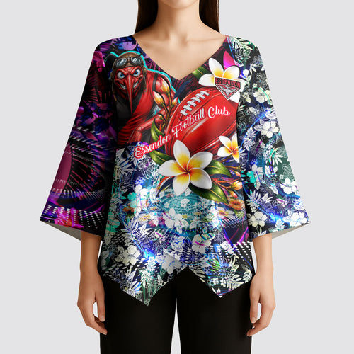 Personalized Essendon Football Bombers Kimono Sleeve Blouse Tropical Hibiscus Flowers - Pacific Fusion Style