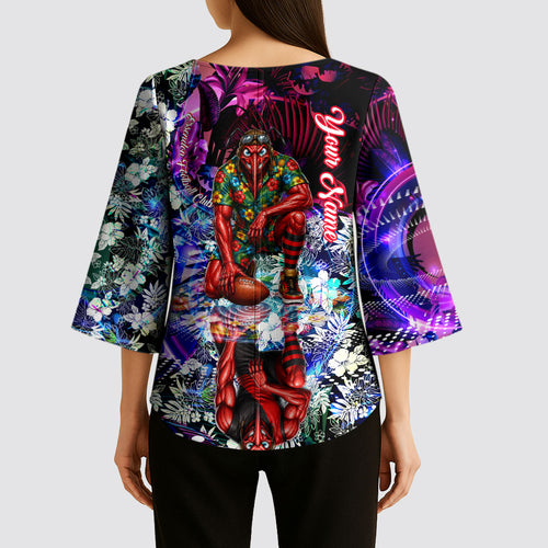 Personalized Essendon Football Bombers Kimono Sleeve Blouse Tropical Hibiscus Flowers - Pacific Fusion Style