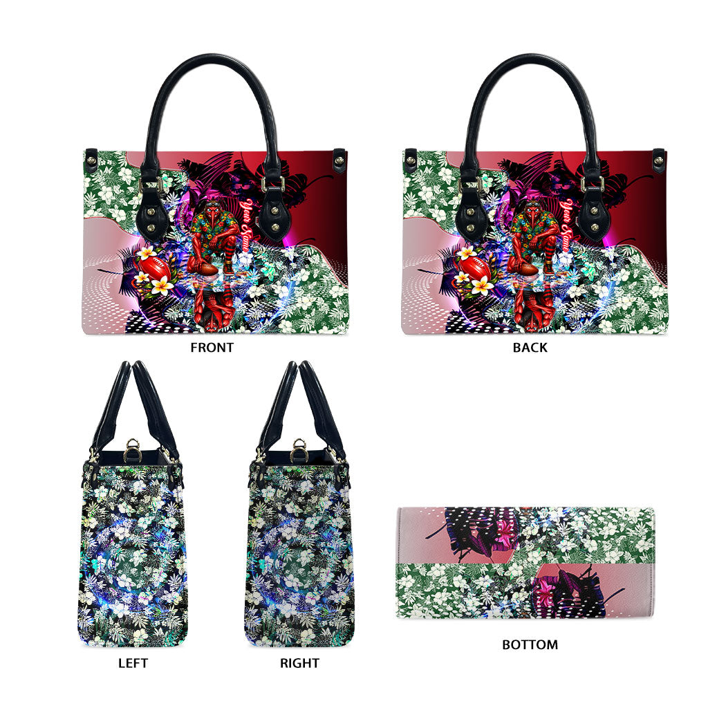 Personalized Essendon Football Bombers Leather Bag Tropical Hibiscus Flowers - Pacific Fusion Style