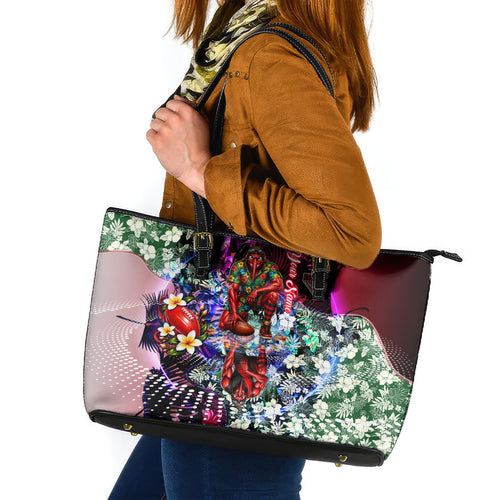Personalized Essendon Football Bombers Leather Tote Bag Tropical Hibiscus Flowers - Pacific Fusion Style