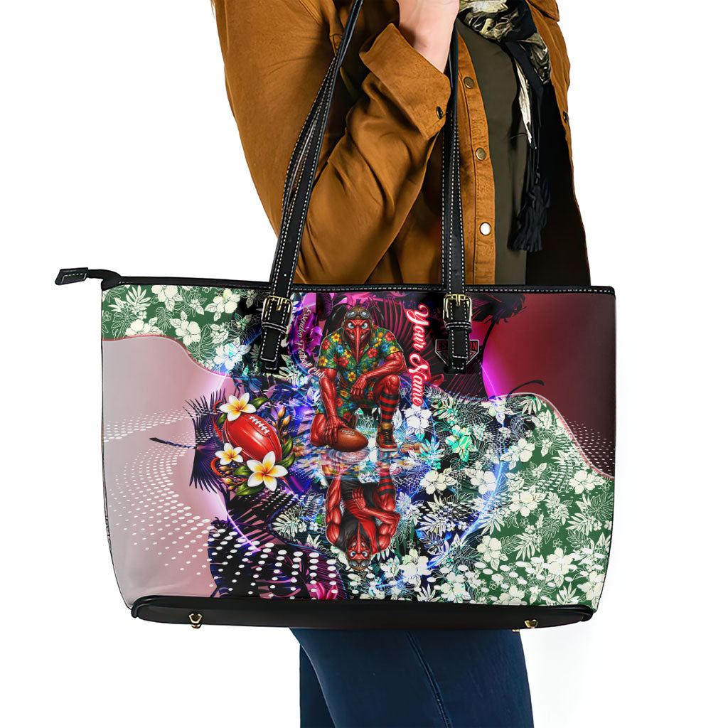 Personalized Essendon Football Bombers Leather Tote Bag Tropical Hibiscus Flowers - Pacific Fusion Style