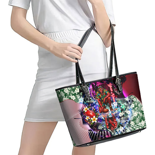 Personalized Essendon Football Bombers Leather Tote Bag Tropical Hibiscus Flowers - Pacific Fusion Style