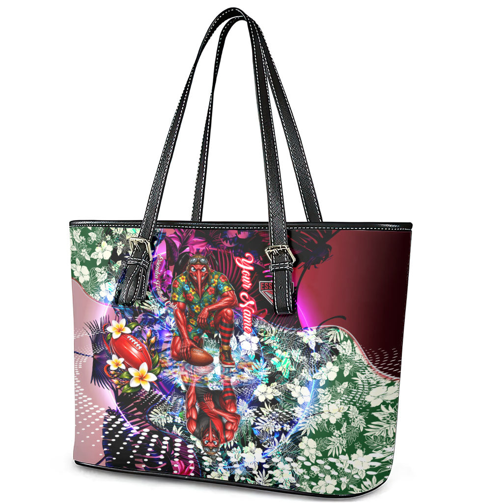 Personalized Essendon Football Bombers Leather Tote Bag Tropical Hibiscus Flowers - Pacific Fusion Style