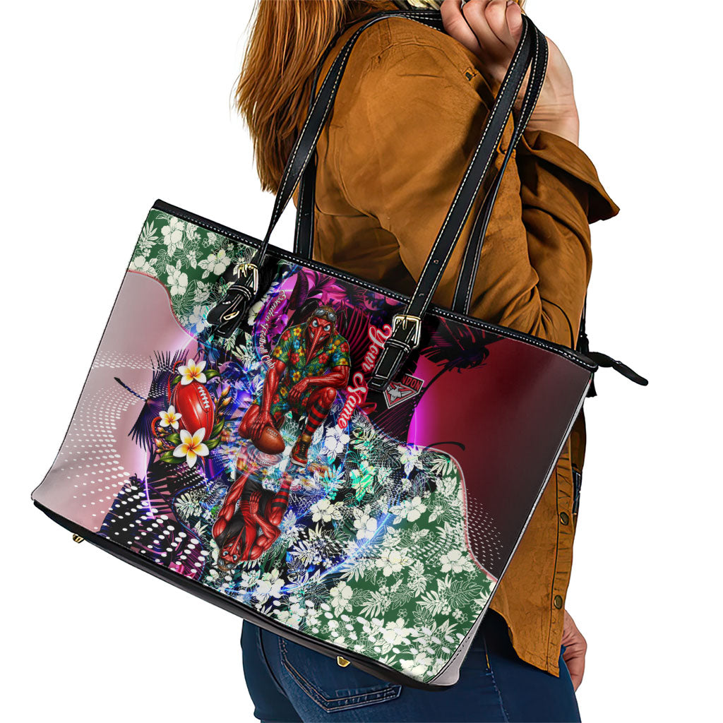 Personalized Essendon Football Bombers Leather Tote Bag Tropical Hibiscus Flowers - Pacific Fusion Style