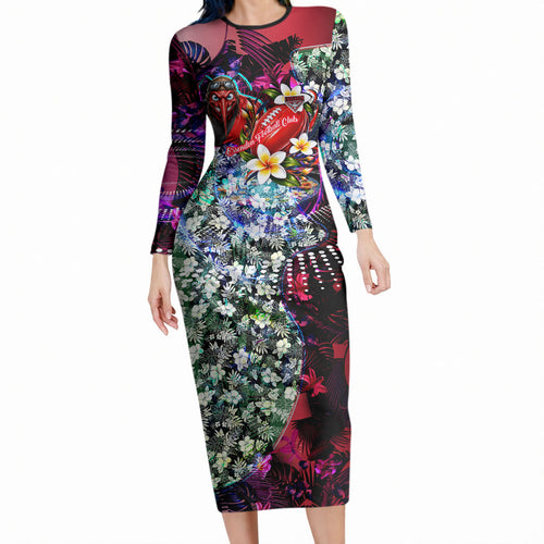 Personalized Essendon Football Bombers Long Sleeve Bodycon Dress Tropical Hibiscus Flowers - Pacific Fusion Style