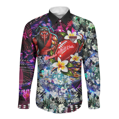 Personalized Essendon Football Bombers Long Sleeve Button Shirt Tropical Hibiscus Flowers - Pacific Fusion Style