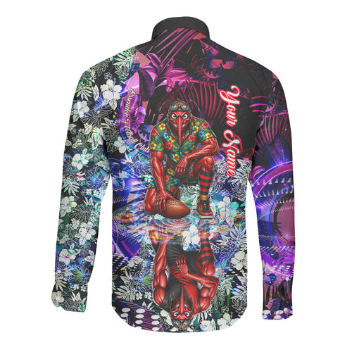 Personalized Essendon Football Bombers Long Sleeve Button Shirt Tropical Hibiscus Flowers - Pacific Fusion Style