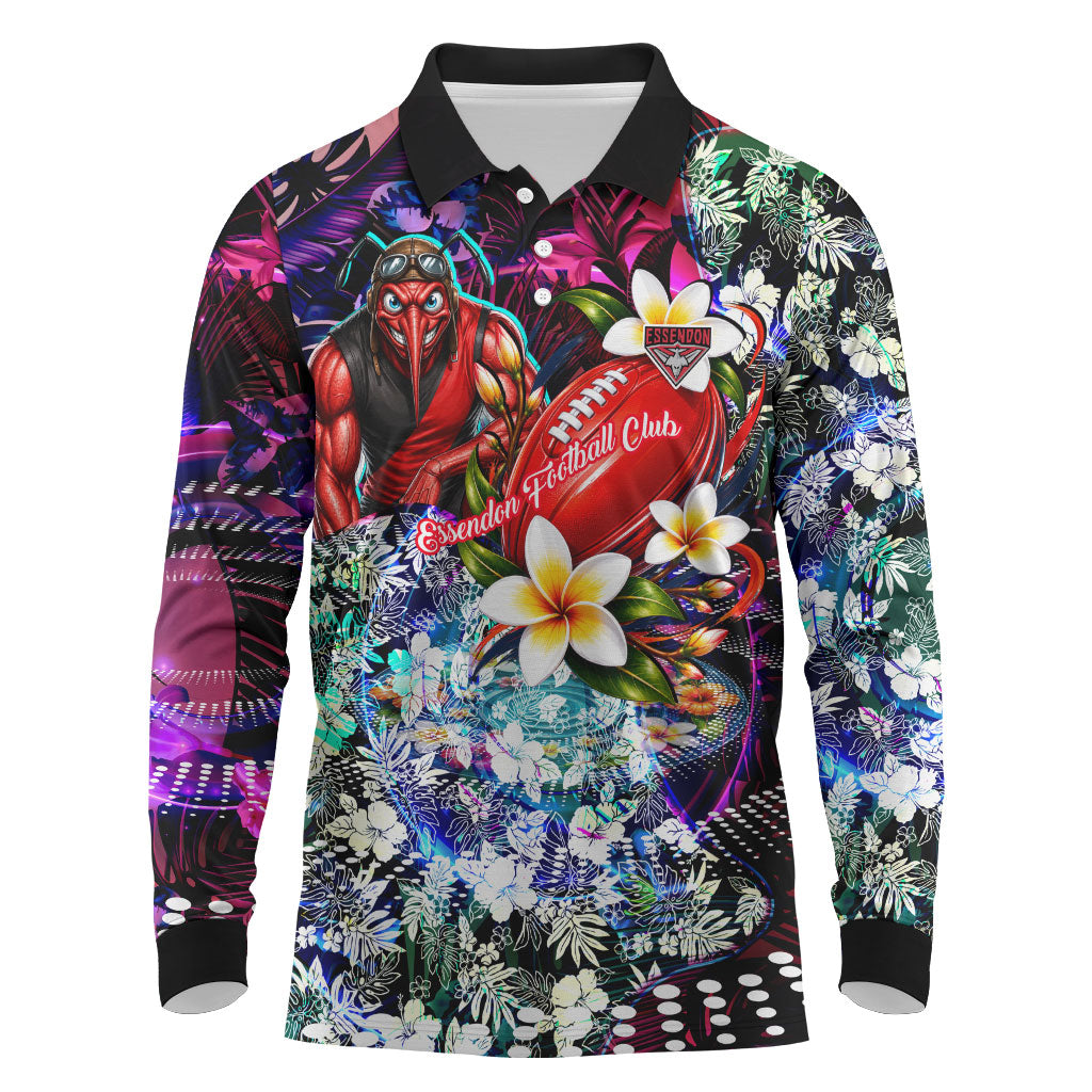 Personalized Essendon Football Bombers Long Sleeve Polo Shirt Tropical Hibiscus Flowers - Pacific Fusion Style