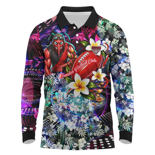 Personalized Essendon Football Bombers Long Sleeve Polo Shirt Tropical Hibiscus Flowers - Pacific Fusion Style