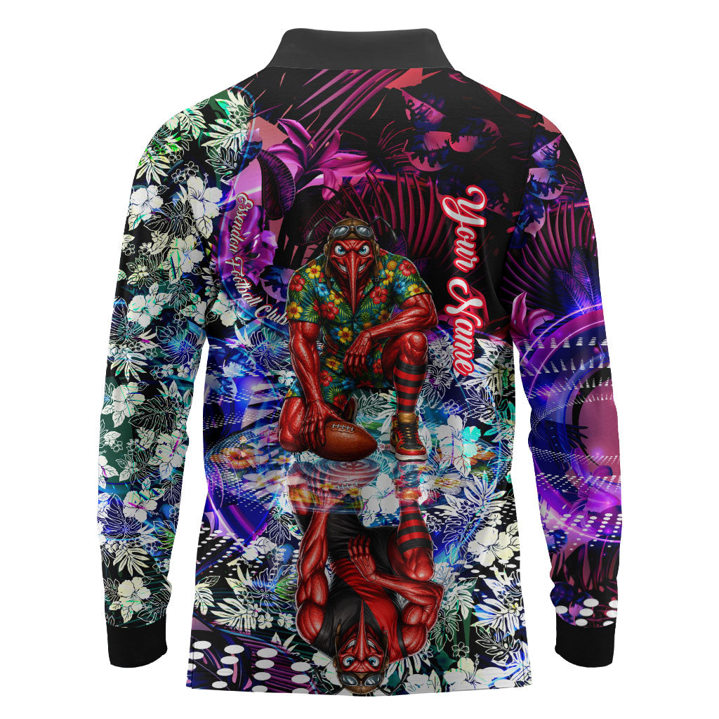 Personalized Essendon Football Bombers Long Sleeve Polo Shirt Tropical Hibiscus Flowers - Pacific Fusion Style